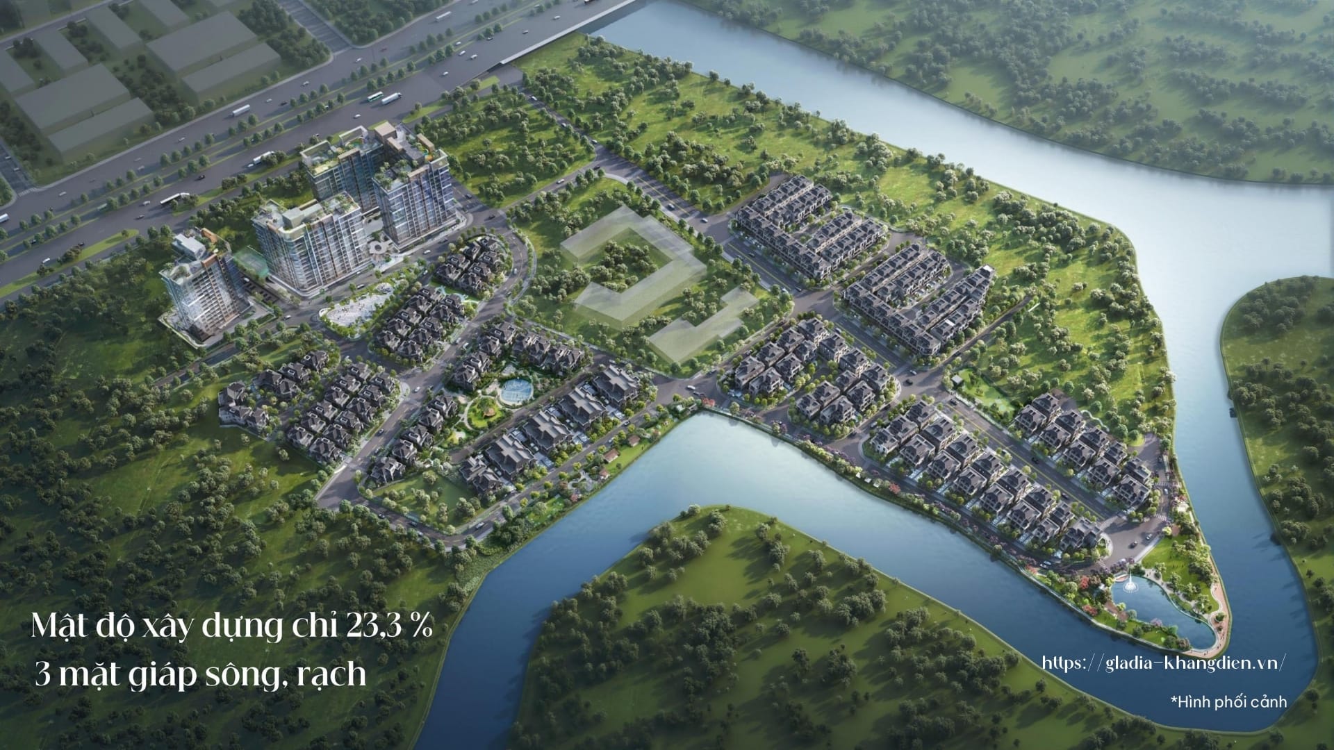 Mặt bằng Gladia by the Waters với mật độ xây dựng thấp, ưu tiên không gian xanh.