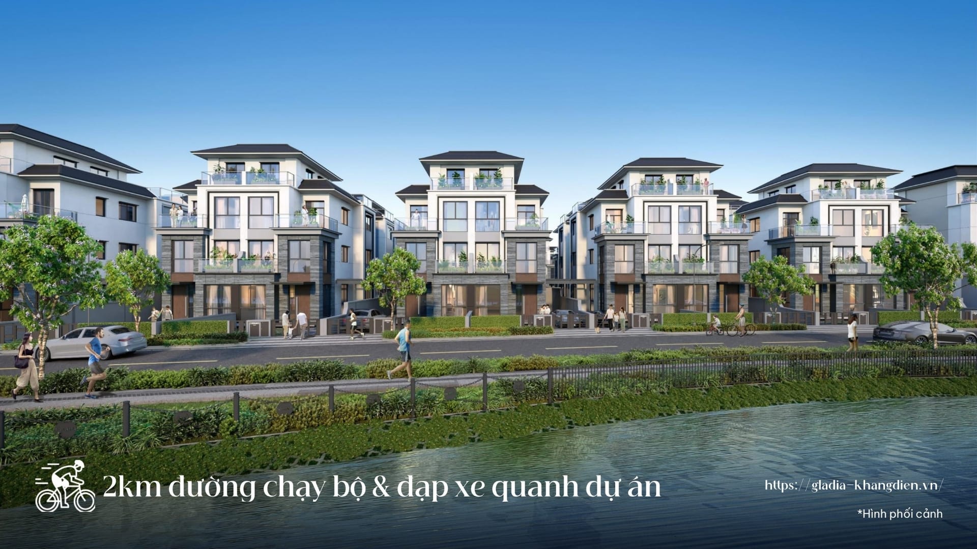 Đường chạy bộ ven sông là một tiện ích sức khỏe nổi bật tại Gladia.