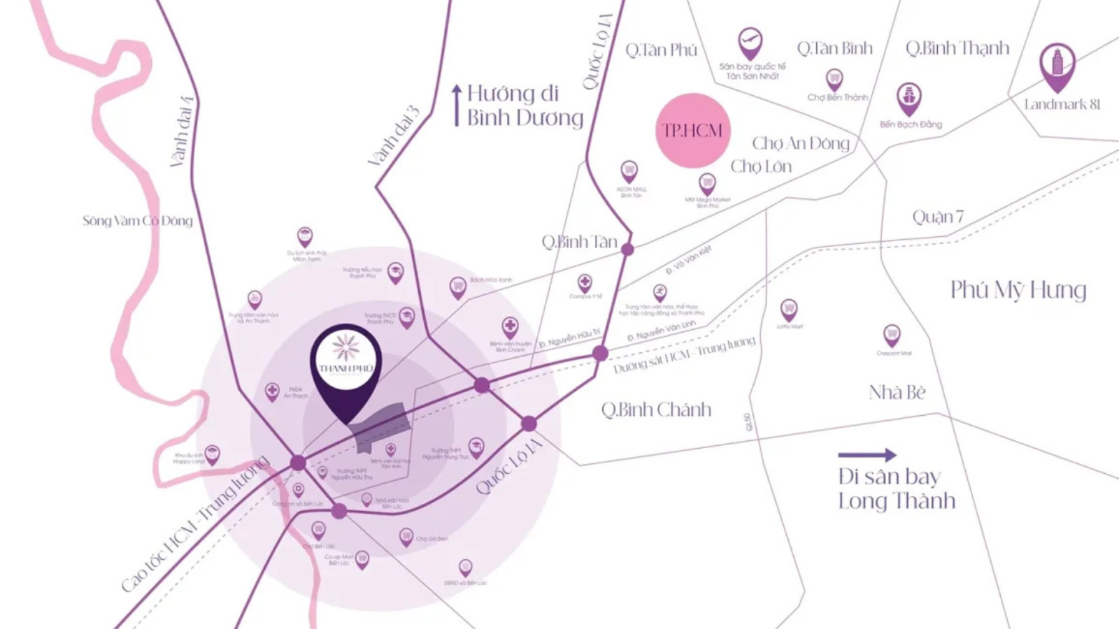 Sơ đồ liên kết vùng chiến lược của dự án Thanh Phú Centre Point với hệ thống cao tốc và vành đai.