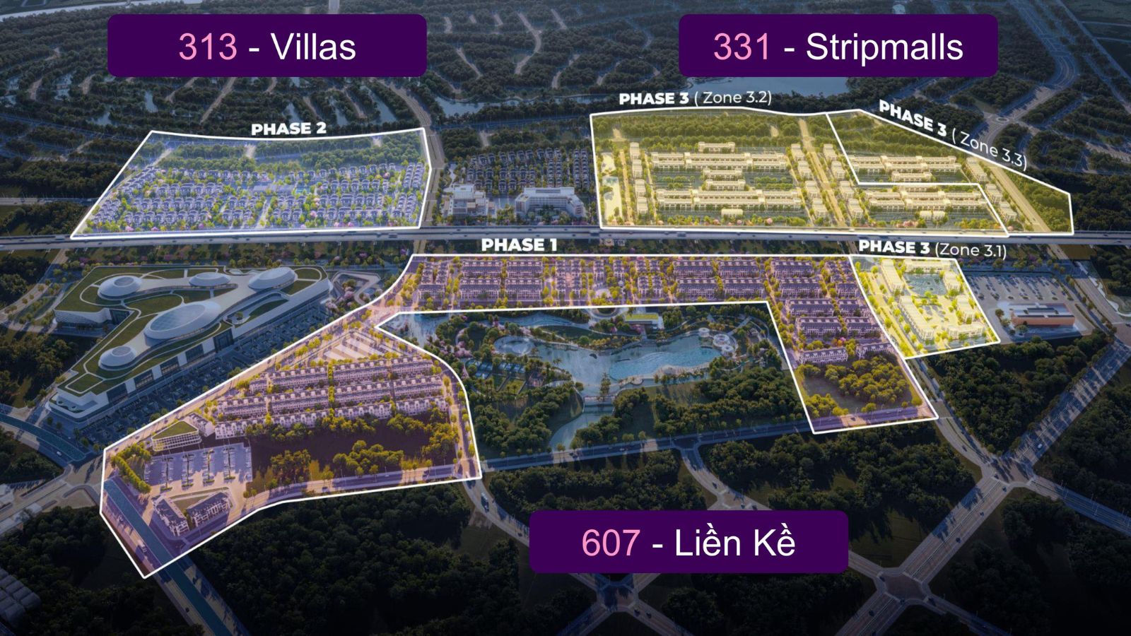 Bản đồ quy hoạch mặt bằng phân khu Miền Thương Phú với các trục đại lộ giao thương xương sống.